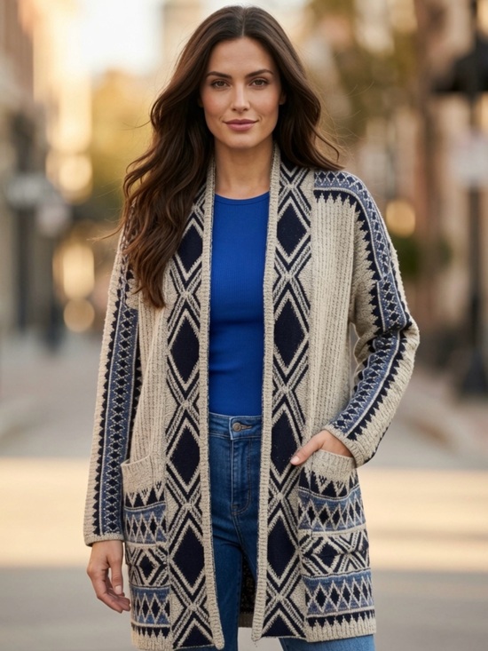 Sweaters - Lucky Brand Blue and Cream Knit Cardigan Sweater
